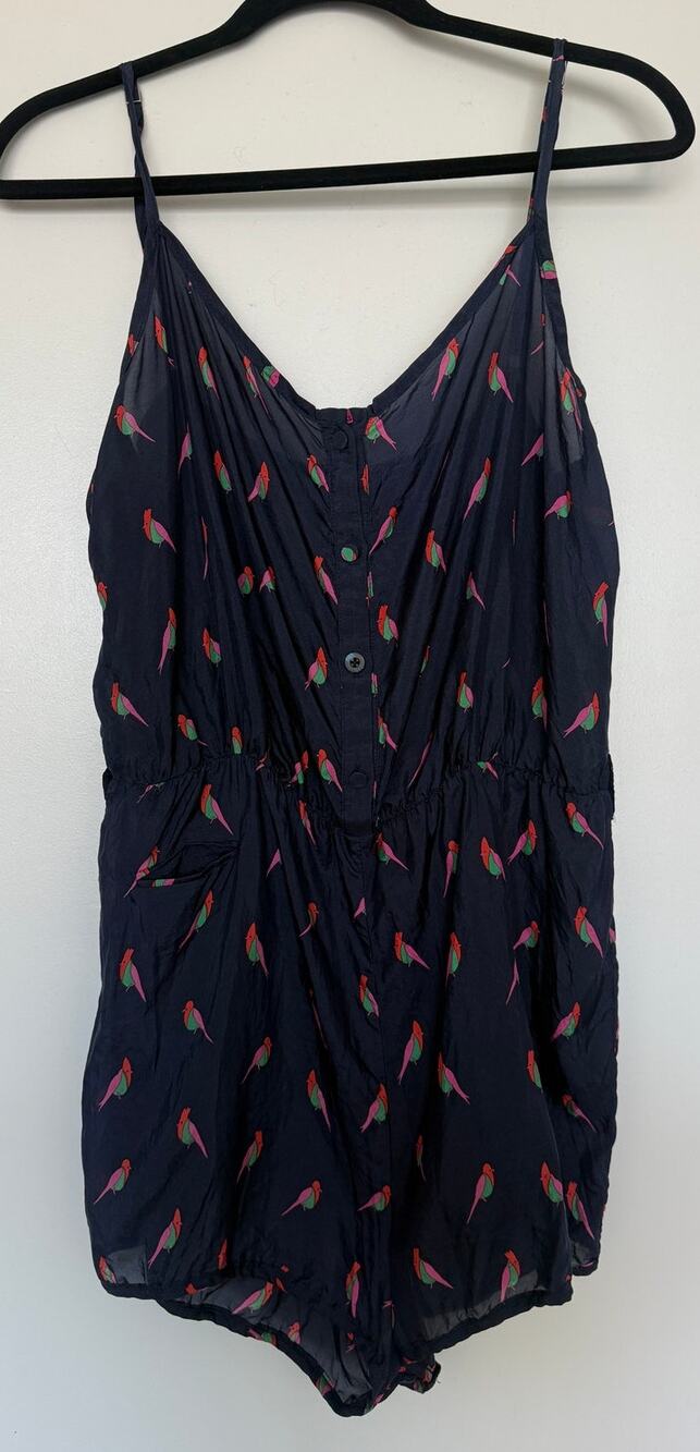 Marc by Marc Jacobs Women Large Navy Blue 100% Silk Bird Print Romper Cover-up